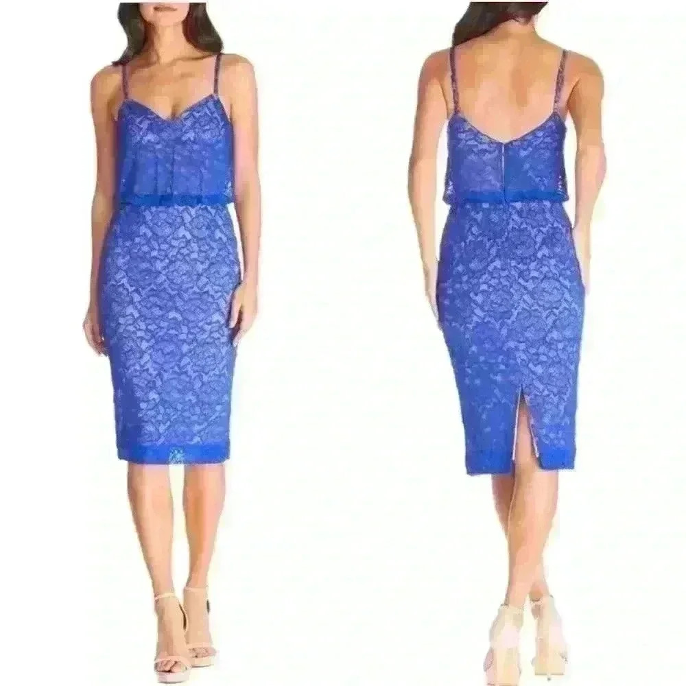 NWT *Dress the Population* Alisha | Lace Midi Cocktail Dress | Electric Blue